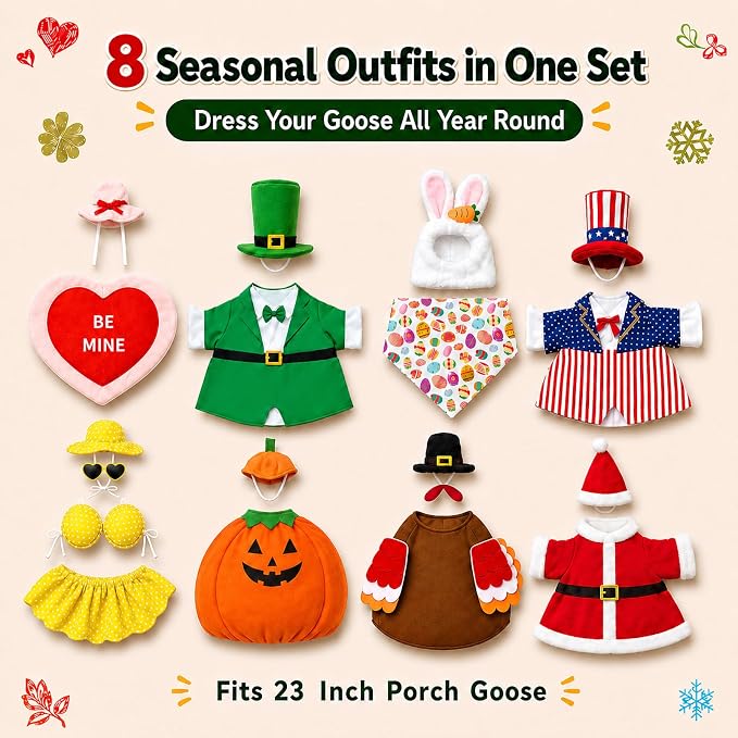 8 Set 23 Inch Porch Goose Outfits, Holiday Goose Clothes | All Seasons Bundle for Valentine St. Patrick Easter Summer 4th of July Fall Halloween Christmas, front porch yard patio decor