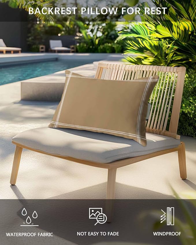 Outdoor Pillow for Lounge Chair with Strap & Insert Solid Color Recliner Head Pillow Khaki Farmhouse Vintage Waterproof Headrest Patio Lumbar Pillows for Beach Pool Office Chaise Chair 12x20 Inch