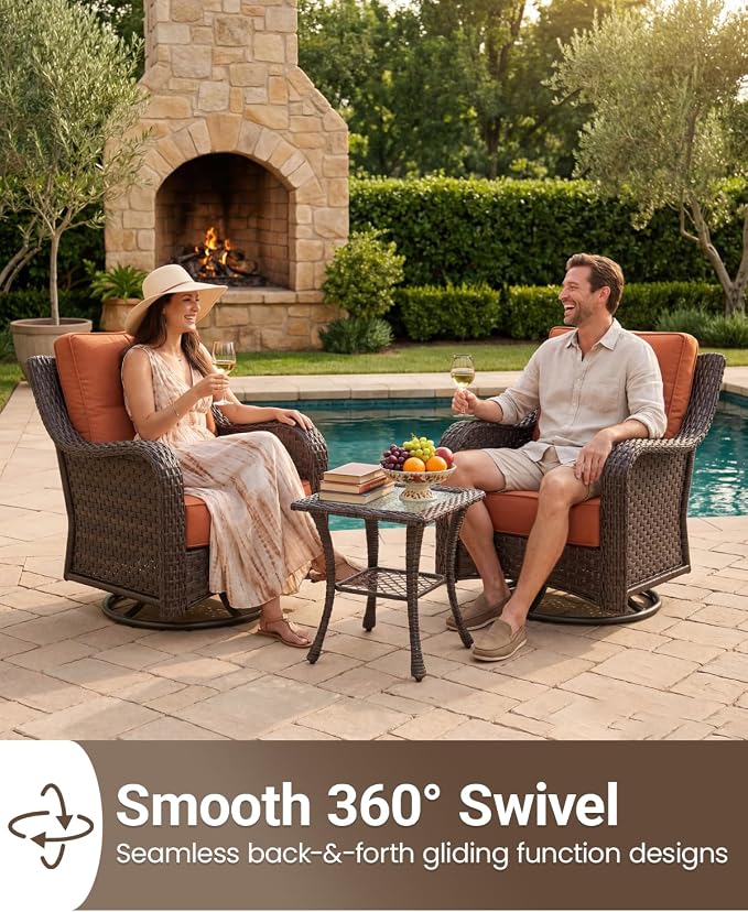 10 Pieces Outdoor Furniture Set with 6-inch Cushions, High Back Wicker Swivel Rocker Chairs with Fire Pit Table, Luxury Conversation Set for Deck Patio and Poolside