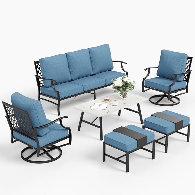 SUNSHINE VALLEY 6 Piece Metal Outdoor Patio Furniture Set, Patio Conversation Sets 1 3-seater Sofa, 2 Swivel Chair, 2 Ottomans with 5.75" Thick Cushion and Coffee Table, Black Backyard Furniture, Navy