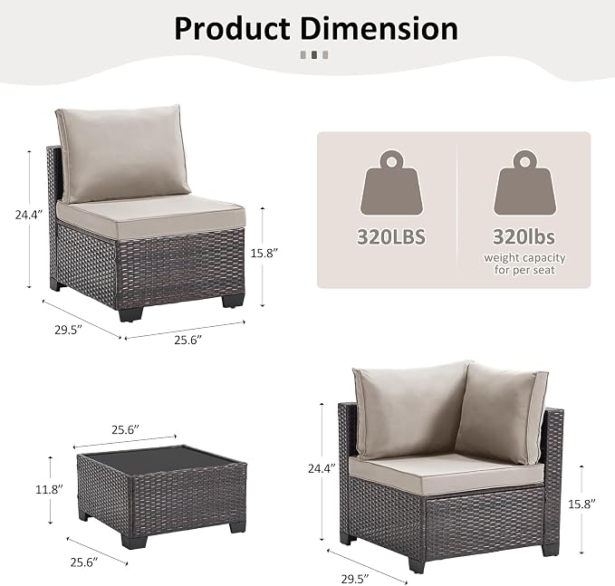 ANJ 3 Piece Outdoor Wicker Patio Furniture Set, Modular Loveseat Sofa with with Glass Top Coffee Table, All-Weather Rattan Conversation Couch Set for Balcony, Backyard, Dark Brown Wicker-Grey