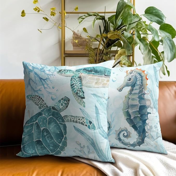 Sea Turtle Throw Pillow Covers 16 x 16 Inch Set of 2 - Ocean Animal Themed Decorative Pillows Soft Cotton Linen Cushion Cases for Couch Sofa Chair Bedroom Outdoor Home Decor
