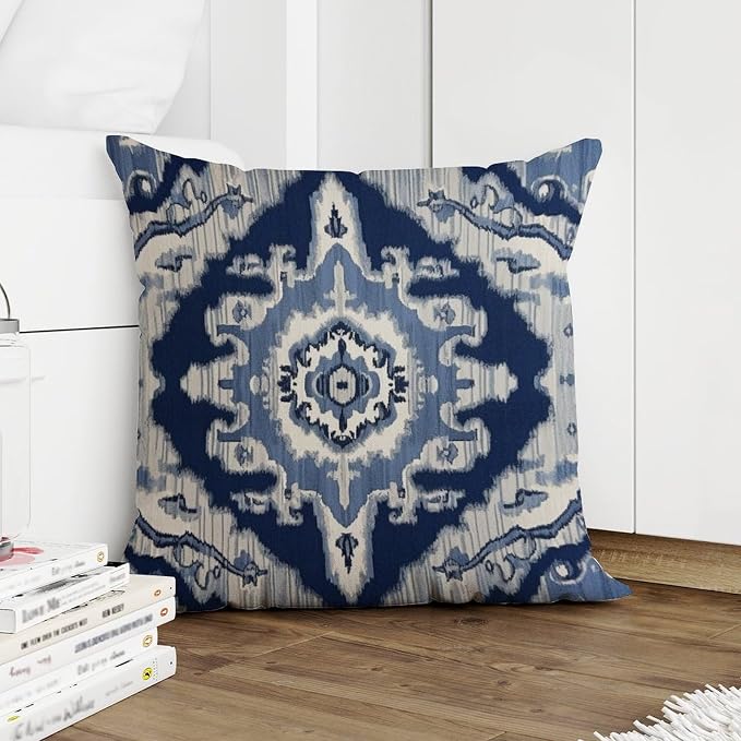 Throw Pillow Covers Blue Grey Medallion Ikat Pillows Abstract Solid Navy White Pillow Cover Accent Decorative Cushion Covers Home Decor for Patio Garden Sofa Chairs 24x24 in