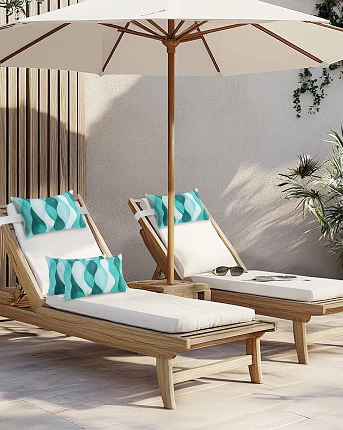 Outdoor Pillow for Chaise Lounge Chair Teal Green Gradient Ripples Outdoor Pillows Waterproof with Adjustable Strap Headrest Lumbar Pillows for Garden Patio Furniture 2 Pack 12" x 20"