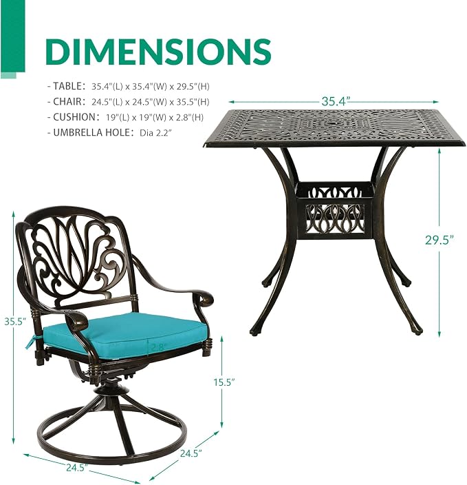 VIVIJASON 5-Piece Outdoor Patio Dining Set, All-Weather Cast Aluminum Conversation Set, Patio Furniture Set, Include 4 Swivel Dining Chairs, a 35.4" Square Table w/Umbrella Hole, Ocean Blue Cushion