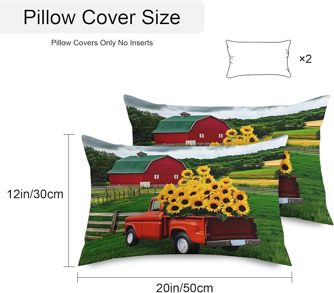 Waterproof Pillow Covers Set of 2 12x20 Inch Farmhouse Sunflower Outdoor Lumbar Cushion Covers Farm Red Truck Decorative Pillow Cases for Patio, Sofa, Couch, Garden