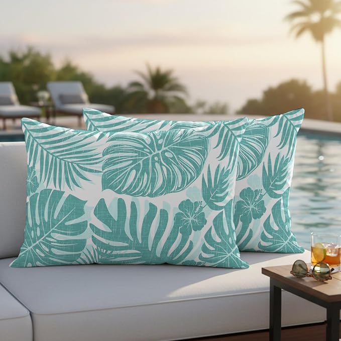 Aqua Teal Palm Leaves Outdoor Pillow Covers 20"x12" Set of 2, Tropical Botanical Minimalist Modern Waterproof Throw Pillow Covers for Patio Furniture, Decorative Cushion Covers for Porch