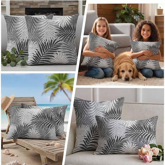 Outdoor Waterproof Throw Pillow Covers, Grey Palm Leaves Decorative Pillow Cases, Summer Botanical Tropical Leaf Couch Pillow Protector Patio Sofa Cushion Covers Replacement 24"x24" 2 Pack