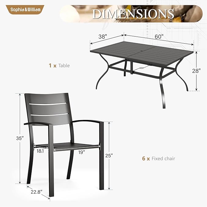 Sophia & William Patio Dining Set Metal Outdoor Table and Chairs Furniture Set 7 Piece, Large 60.2" Dining Table with Umbrella Hole and 6 Backyard Garden Chairs Support 300LBS for Deck, Lawn, Garden