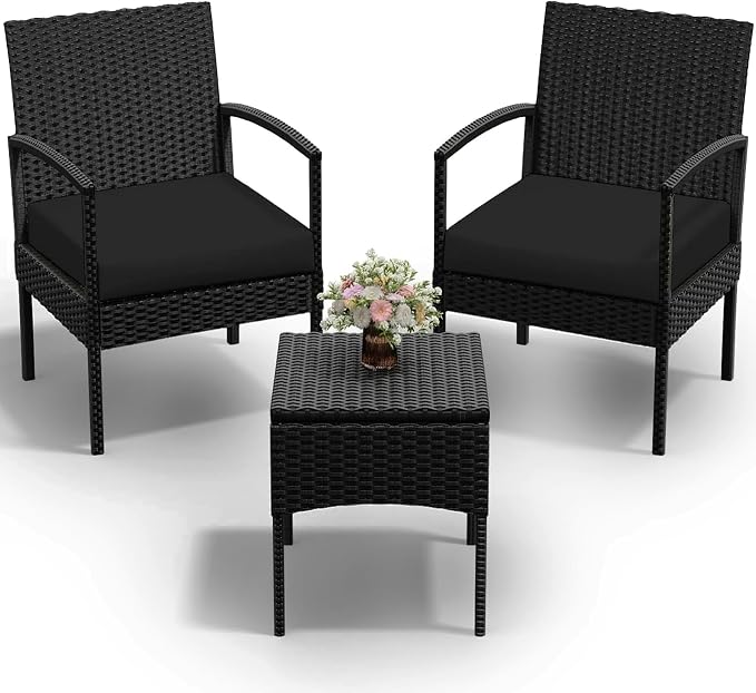 PROHIKER 3 PCS Patio Rattan Conversation Bistro Chairs Set, Outdoor Patio Furniture Wicker Bistro Set with Coffee Table for Garden Porch Balcony Yard Lawn, Black