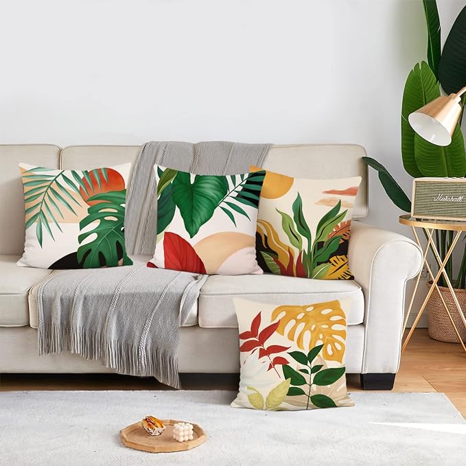 Bonhause Tropical Leaves Throw Pillow Covers 18x18 Set of 4 Summer Palm Leaf Sunset Decorative Pillows Case Soft Velvet Cushion Covers for Outdoor Couch Sofa Patio Decor