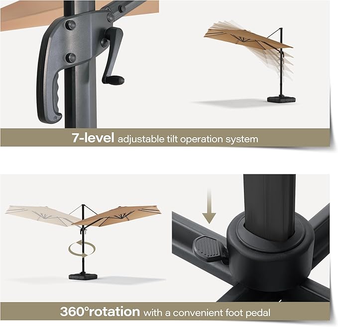 LAUSAINT HOME 9 FT Patio Umbrella, Outdoor Large Cantilever Windproof Patio Offset Umbrella with 360° Rotation for Backyard, Pool, Lawn, Deck (Square, Khaki)