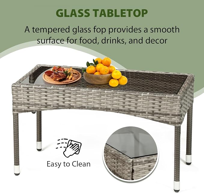 PayLessHere Outdoor Furniture Set 4 Pcs Modular Patio Furniture Set Water Resistant Conversation Set with 3 Rattan Chairs 1 Tempered Glass Topped Table for Patio Poolside, Gray Wicker/Khaki Cushions