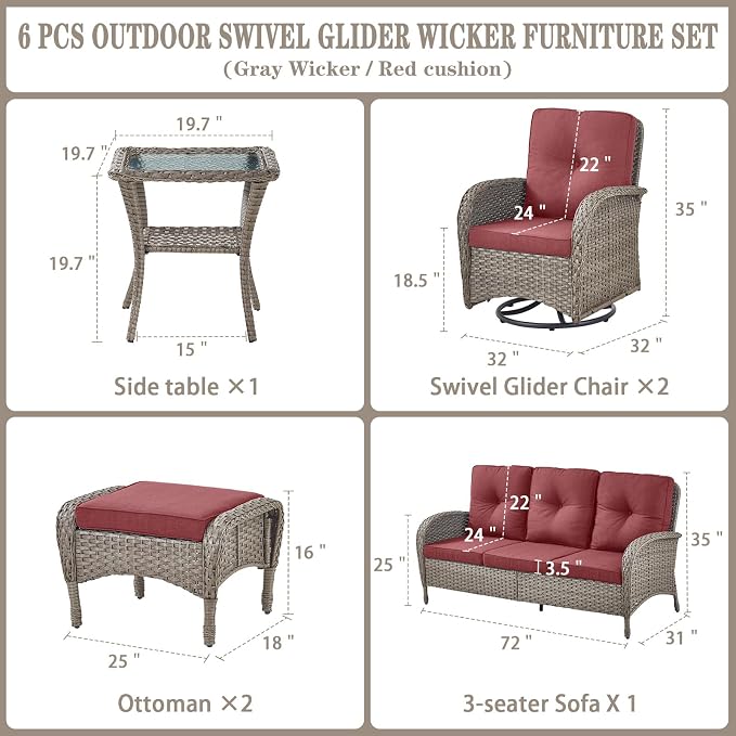 Belord 6 Pieces Wicker Patio Furniture Set - Swivel Rocker Outdoor Chairs with Outdoor Couch and Side Table, All-Weather Patio Conversation Set for Sunroom Backyard Deck