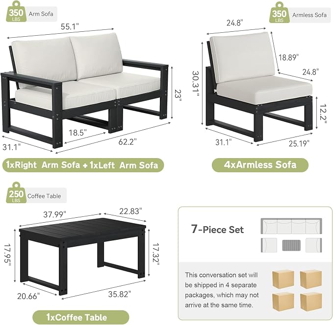 Outdoor Furniture with Cushions, Patio Furniture Set, 7-Piece L Shaped Outdoor Couch Sets 6 Seats, HDPE Patio Sectional Sofas for Porch, Deck, Backyard, Black