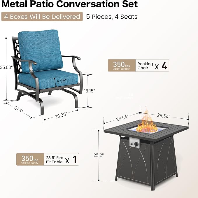SUNSHINE VALLEY 5 Piece Metal Outdoor Patio Furniture Set with Fire Pit Table, Patio Conversation Sets 4 Rocking Chairs with 5.75" Thick Cushion and 5000 BTU Fire Pit Table, Backyard Furniture, Blue-2