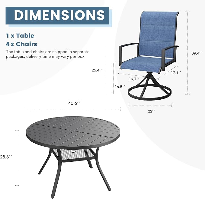 DIFY 5 Piece Outdoor Dining Set, Metal Patio Table and Chairs Set, 40.6" Black Round Dining Table & 4 Blue Padded Textilene Swivel Patio Chairs, Outdoor Furniture Set for Garden Backyard Porch