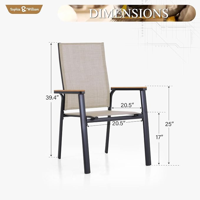 Sophia & William Patio Dining Chairs Set of 6, Stackable Aluminuum Frame | Beige textilene, Weather-resistant, light-weight & space-saving, Breathable & quick-drying, Outdoor deck backyard porch