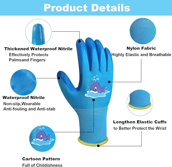 Kids-Gardening-Gloves for Age 3-12, Rubber-Coated Garden Yard Work-Gloves for Children Toddlers Boys & Girls
