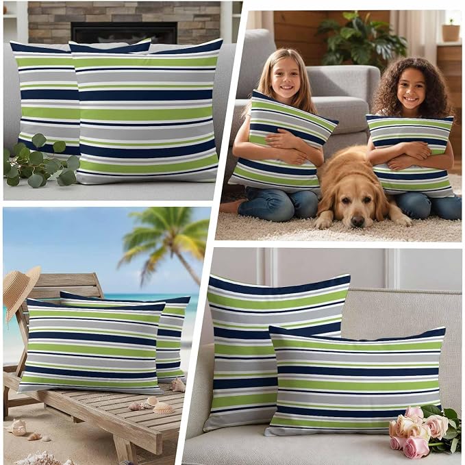 Outdoor Pillow Covers 24 x 24 Inches, Green Gray Striped Waterproof Throw Pillow Cover Set of 2, Farmhouse Stripes Modern Abstract Art Decorative Square Cushion Covers for Patio/Couch/Garden