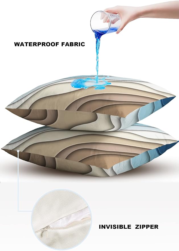 Modern Geometric Outdoor Waterproof Pillow Covers for Patio Furniture Decorative Throw Pillow Cover Blue Brown Abstract Ocean Wave Pillowcases Set of 2 Cushion Case for Sofa Couch 18 x 18 Inches