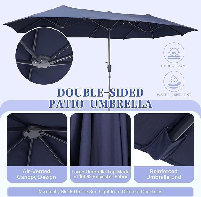 13 ft Patio Umbrella, Large Rectangle Outdoor Umbrella with Strap, Crank, Navy Blue