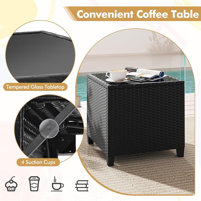 HAPPYGRILL 3 Pieces Wicker Patio Conversation Set, PE Rattan Bistro Sofa Set with Tempered Glass Coffee Table, Washable Cushions, Outdoor Furniture Set for Garden Poolside Balcony (Navy)