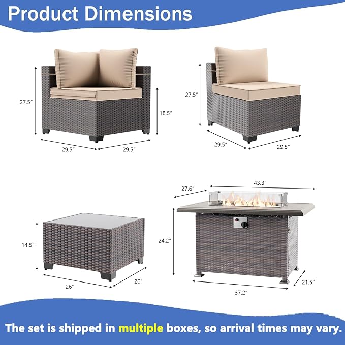 11 Pieces Outdoor Patio Furniture Set,Outdoor Sectional Furniture with 43" 55000 BTU Gas Propane Fire Pit Table,PE Rattan Wicker Patio Conversation Set,Swivel Rocking Chairs Set,Sand