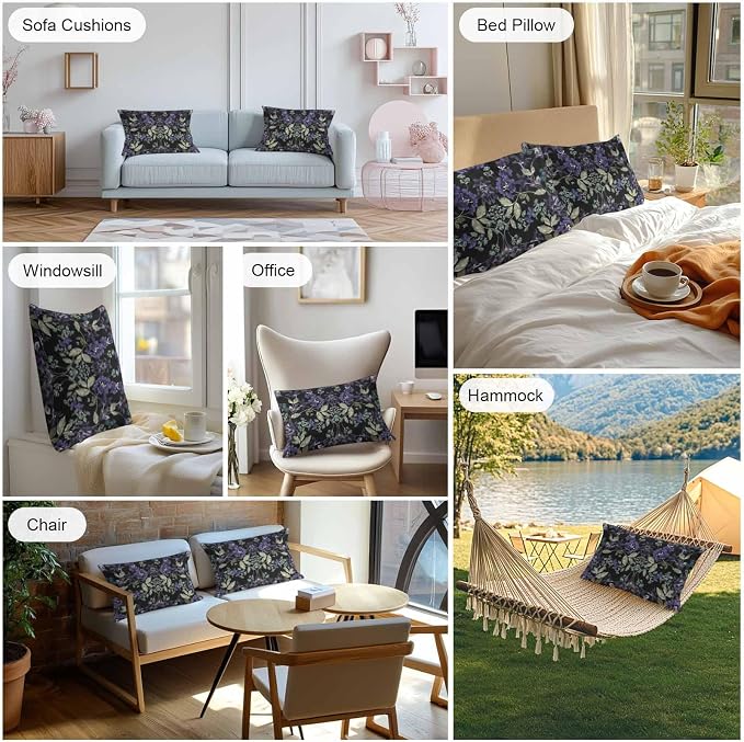Purple Green Flower Leaf on Black Outdoor Pillow Covers 20x12in Pack of 2 Waterproof Pillowcase Retro Plant Oil Painting Decorative Throw Cushion Case for Patio Couch Sofa