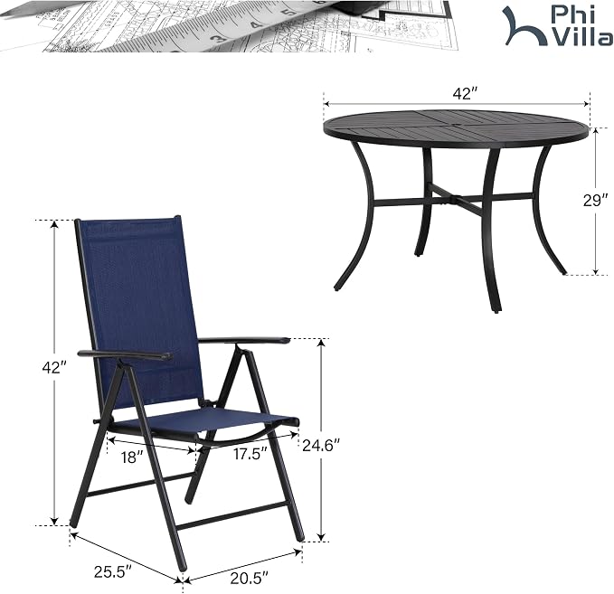 PHI VILLA Round Outdoor Dining Set for 4 with Folding Chairs, Blue | Light-weight & space-saving, Breathable & quick-drying, Metal Table, Umbrella Hole, Weather-Resistant, Adjustable, Patio deck