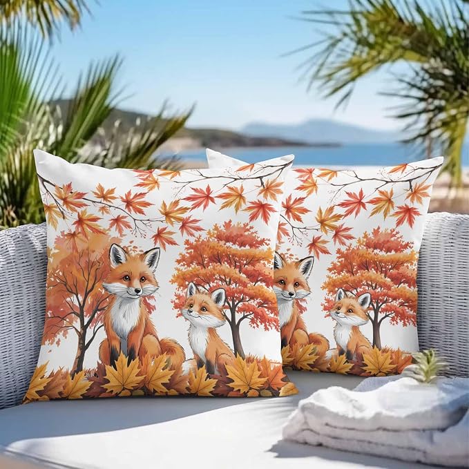Orange Fox Outdoor Waterproof Pillow Covers, Thanksgiving Maple Leaves Autumn Trees Decorative Square Throw Pillowcase Sofa Cushion Sham for Patio/Couch/Chair, 24"x24" 2 Pack