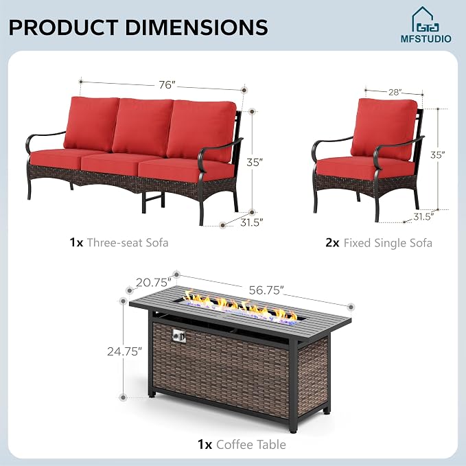 MFSTUDIO 4 Pieces Outdoor Patio Furniture Set, Metal Outdoor Conversation Set, Rattan Wicker Patio Sectional Set with 2 x Fixed Single Sofa, 3-Seat Sofa, 1 x Fire Pit Table, Red