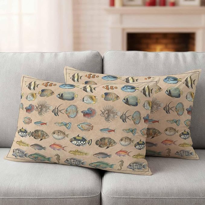 Outdoor Pillow Covers 20x12 Set of 2, Ocean Fishes Waterproof Patio Throw Pillow Covers for Couch Sofa Chair, Retro Tropical Coastal Animal Brown Decorative Pillowcases for Throw Pillows