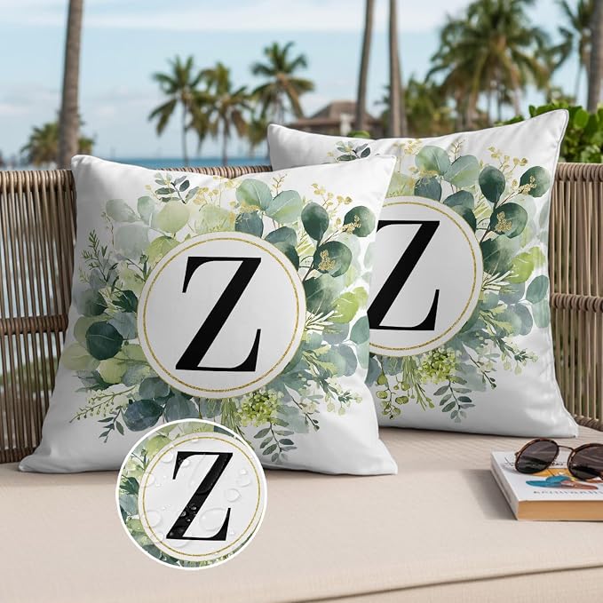 Letter Z Waterproof Outdoor Pillow Covers Set of 2 Home Decor, Alphabet Green Eucalyptus Leaves Pillowcase Patio Pillow Covers for Couch Bench Patio Furniture Garden 18x18in