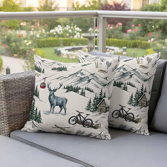 Mountain Cabin Outdoor Pillow Covers 20"x20" Set of 2, Winter Green Pine Tree Wooden House Cabin Waterproof Throw Pillow Covers for Patio Furniture, Decorative Cushion Covers for Porch