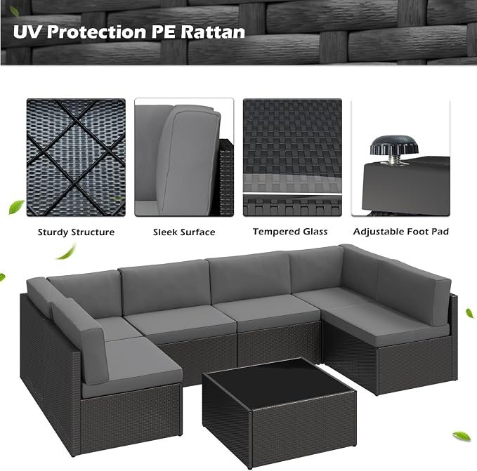 U-MAX 7 Piece Outdoor Patio Furniture Set, PE Rattan Outdoor Wicker Sectional Furniture Chair Set with Cushions and Tea Table, Black Rattan and Dark Grey Cushion