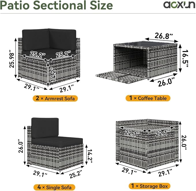 Aoxun 8 Piece Patio Furniture Set, Wicker Rattan Outdoor Furniture Set with Storage Box and Glass Top Table, Patio Sectional Set with Thick Cushions, Grey