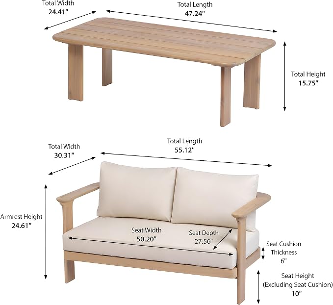 Christopher Knight Home Kera 4-Seater Patio Furniture Set with Removable Cushion, 4 Piece Outdoor Acacia Wood Conversation Set, Sold Wood Outdoor Sectional Sofa Set with Coffee Table, Brown+Beige