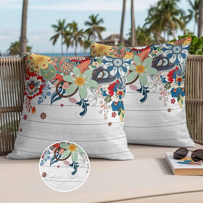 Boho Flowers Waterproof Outdoor Pillow Covers Set of 2 Home Decor, Bohemian Abstract Floral Vintage Wood Plank Pillowcase Patio Pillow Covers for Couch Bench Furniture Garden 20x20in