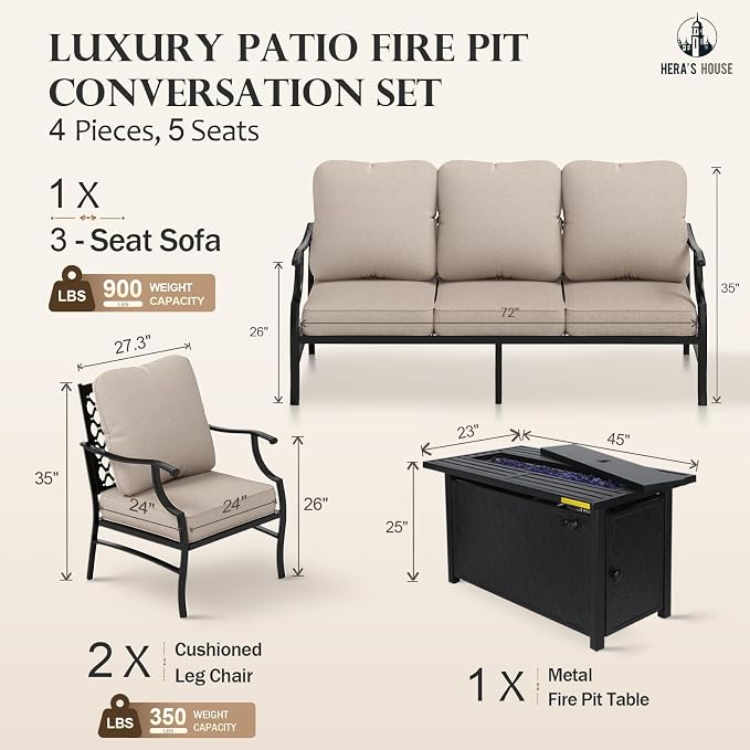 HERA'S HOUSE 4 Pieces Patio Fire Pit Furniture Set, 2 x Single Chair, 3-Seat Sofa with 45" Fire Pit Table, Outdoor Conversation Set for Garden, Poolside, Backyard