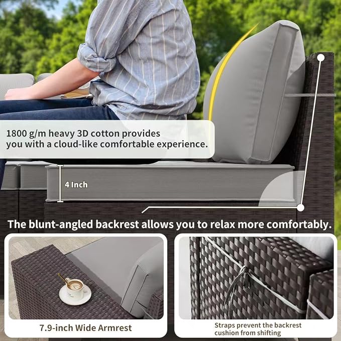 Gotland 7 Pieces Patio Furniture Set with 55000BTU Fire Pit Table, Wicker Patio Set with Wide Armrests 29.5'' High Backrest Thick Cushions 1 Coffee Table, Outdoor Furniture for Porch Deck Gray