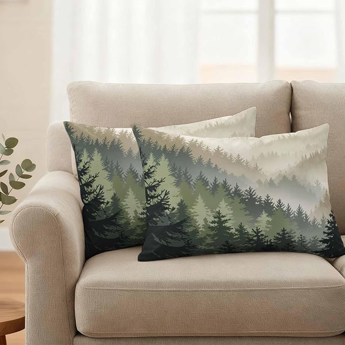 Mountains Outdoor Pillow Covers Waterproof, All Weather Cushion Case Set of 2, Watercolor Forest Nature Pine Trees Landscape Lumbar Pillowcase for Sofa Couch Bed Decor Patio Furniture 20"x12"
