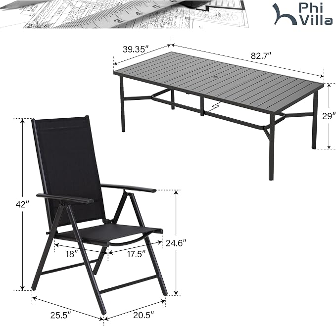 PHI VILLA Outdoor Dining Set for 8 w/Metal Table & Folding Chairs, Black | Light-weight & space-saving, Breathable & quick-drying, Rectangular, Umbrella Hole, Weather-Resistant, Adjustable, Patio deck