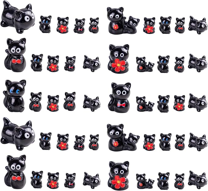 36 pcs Mini Resin Black Cats Variety Tiny Animals Figures Miniature Little Small Cat Figurines Bulk for Micro Fairy Garden Landscape Accessories Hide Crafts Decor Aquarium