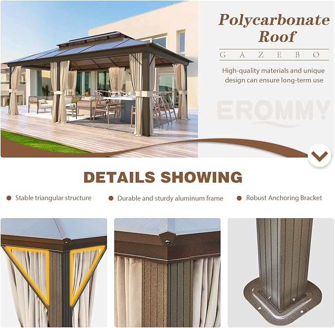 EROMMY 12'x20' Gazebo Polycarbonate Double Roof Canopy Outdoor Aluminum Frame Pergolas with Netting and Curtains for Garden Patio Lawns Parties