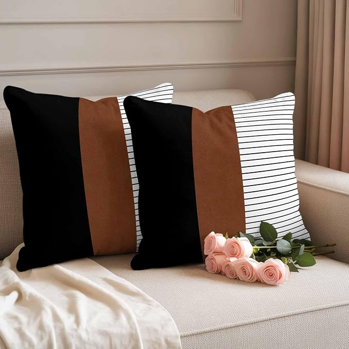 JasmineM Outdoor Pillow Cover 20x20 Inches Set of 2 Brown Black Lines Waterproof Throw Pillow Covers Boho Style Decorative Pillowcases Garden Cushion Case for Patio Couch Sofa