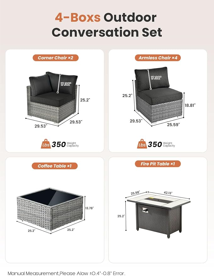 ovios Outdoor 8 Piece Patio Furniture Set with Fire Pit Table,Conversation Sectional Wicker Couch with Coffee Table,Modern Outside Sofa for Balcony Backyard, Black