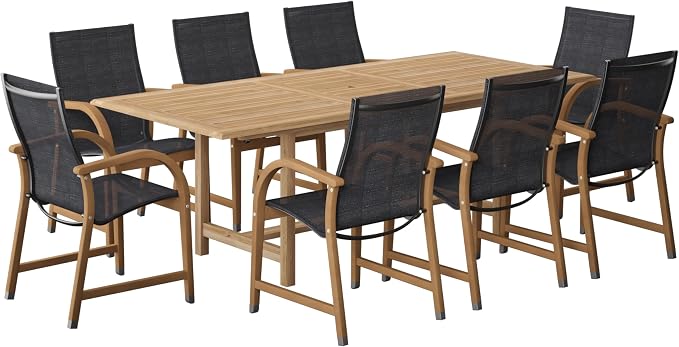 Urban Elements Mykonos 9-Piece Rectangular Patio Furniture Set | 100% Certified Teak Table and Teak Finish Stackable Chairs | Backyard Furniture, Rectangular Outdoor Dining Set