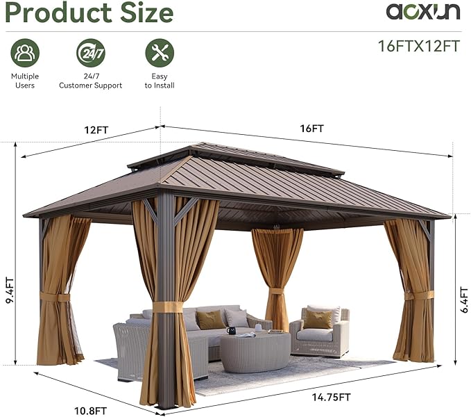 Aoxun 12x16 Gazebo Hardtop Gazebo with Double Galvanized Steel Roof Outdoor Metal Gazebo Pavilion with Breathable Netting and Privacy Curtain for Patio, Lawn, Deck, and Backyard (Brown)