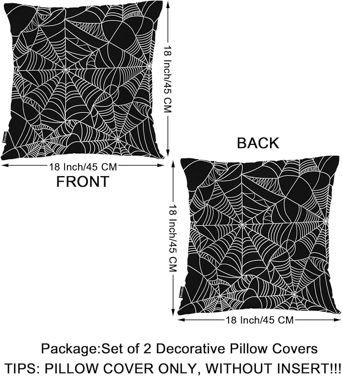 Swono Couch Pillow Cover Set of 2 Spider Web, Horror Halloween Spiderweb Decorative Throw Pillowcase Cushion Cover 18 X 18 Inch Throw Pillows Covers for Sofa Bedroom Car Living Room, Black White